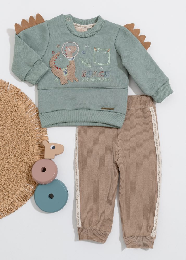Conjunto Bebê Moletom Bordado Dino Space Com Calça Veludo