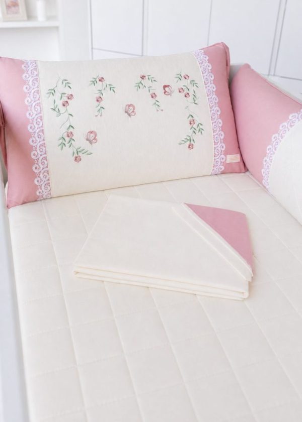 Kit Berço Paris 9 peças Com Bordado Floral Rosê