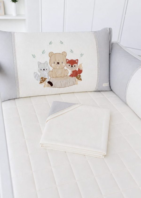 Kit Berço Paris 9 peças Com Bordado Floresta Cinza