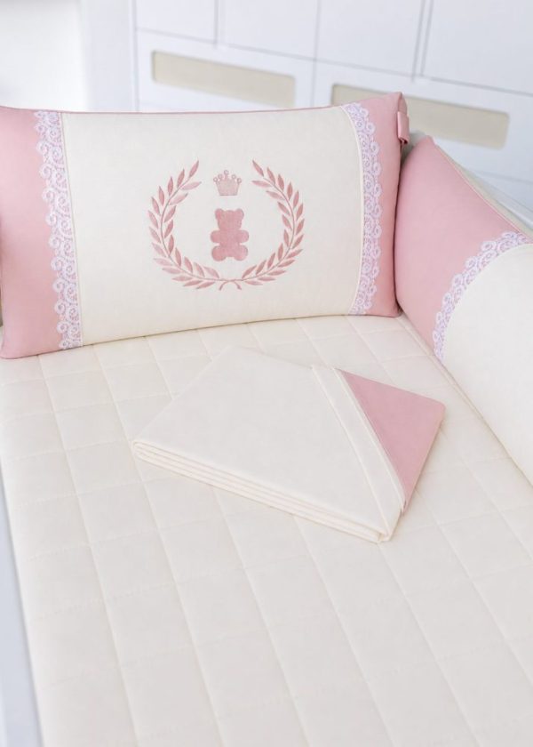 Kit Berço Paris 9 peças Com Bordado Ursa Coroa Rosê