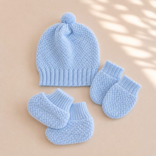 Kit Touca, Luva e Sapatinhos emTricô Para Bebê RN - Azul
