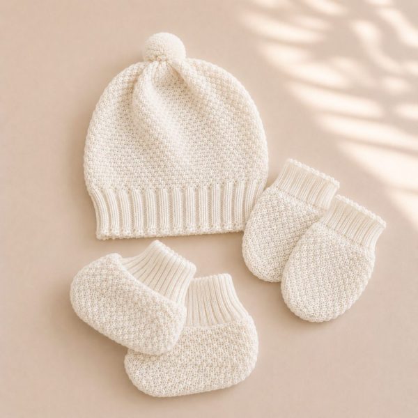 Kit Touca, Luva e Sapatinhos emTricô Para Bebê RN - Marfim