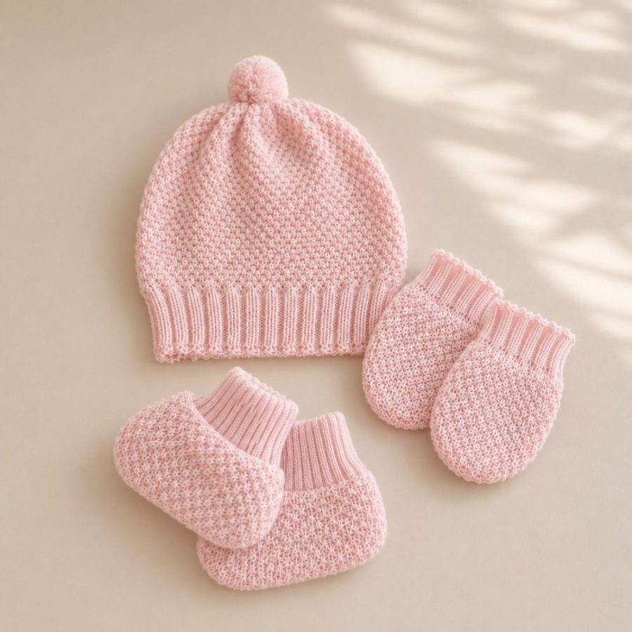 Kit Touca, Luva e Sapatinhos emTricô Para Bebê RN - Rosa Pastel