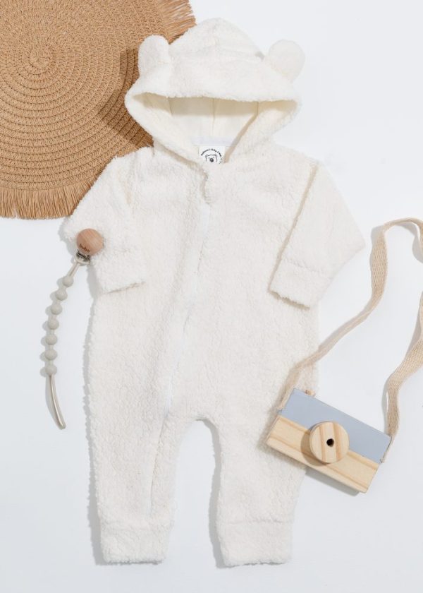 Macacão Bebê Teddy Off White com Touca de Orelhinha