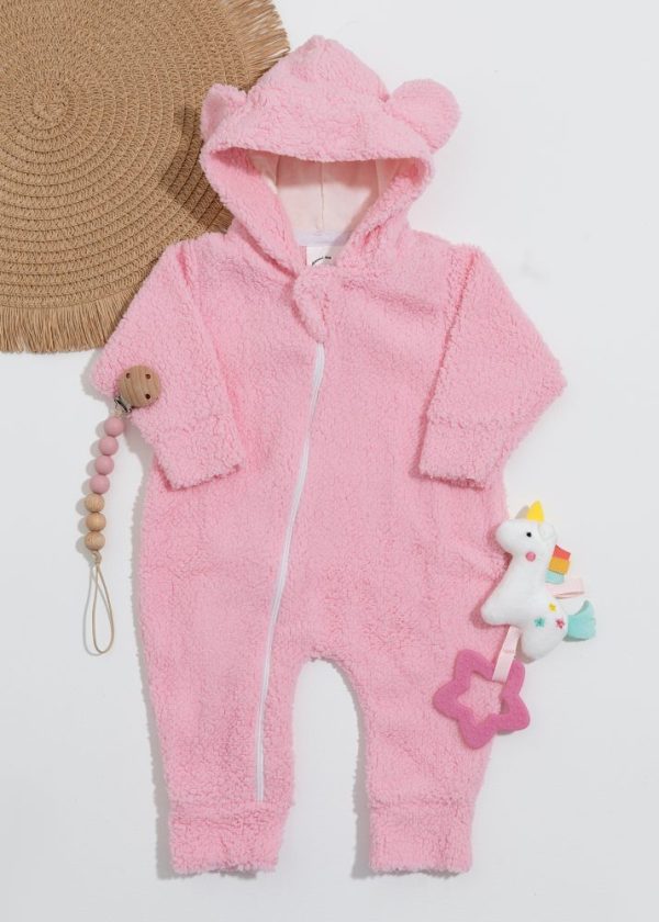 Macacão Bebê Teddy Rosa com Touca de Orelhinha
