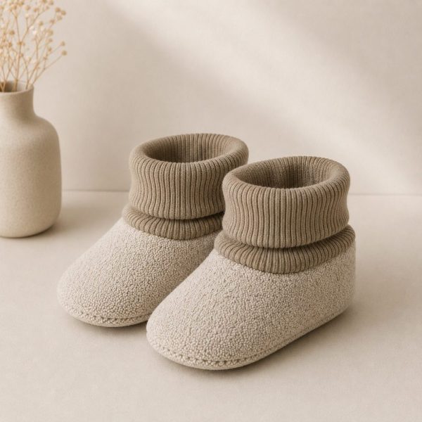 Pantufa Bebê Atoalhada Bege Cano em Ribana