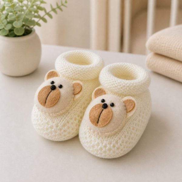 Sapatinho em Tricô Para Recém-Nascido - Urso Off White