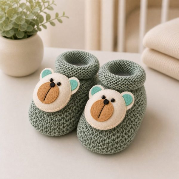 Sapatinho em Tricô Para Recém-Nascido - Urso Verde