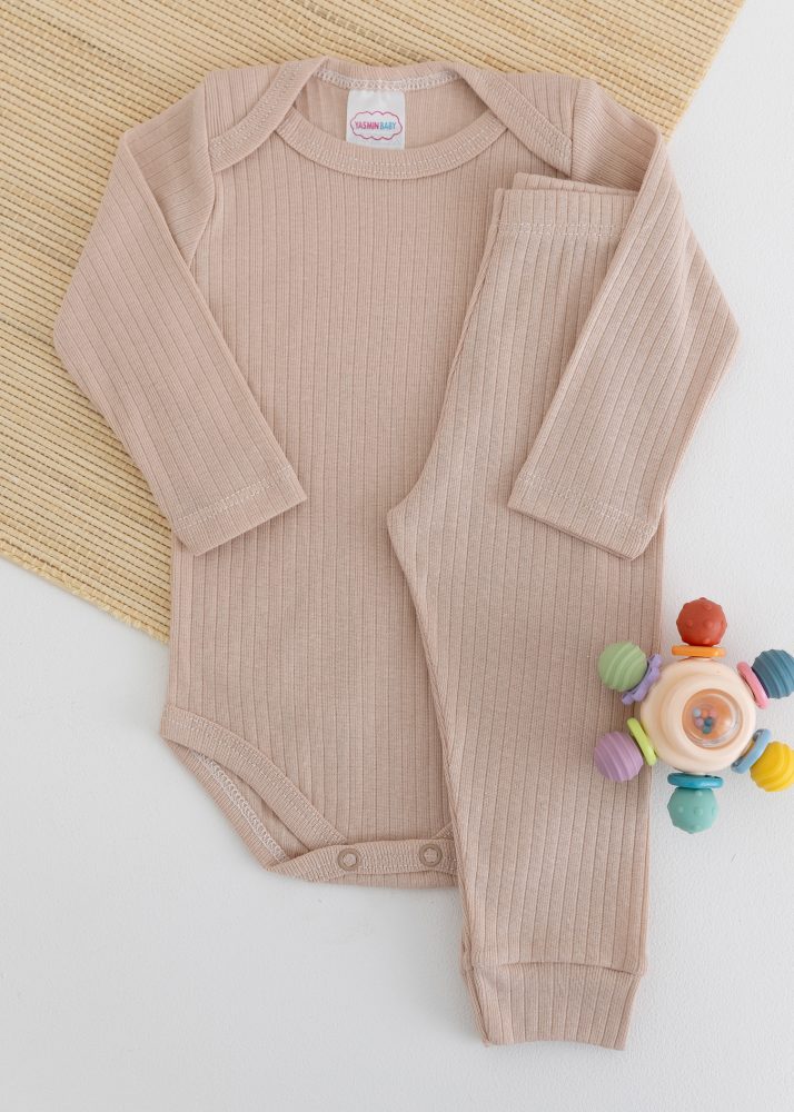 Conjunto Body Bebê Pagão Canelado Longo - Bege__