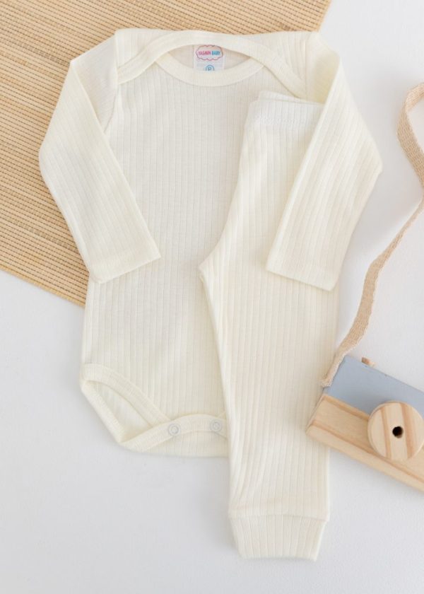 Conjunto Body Bebê Pagão Canelado Longo - Creme