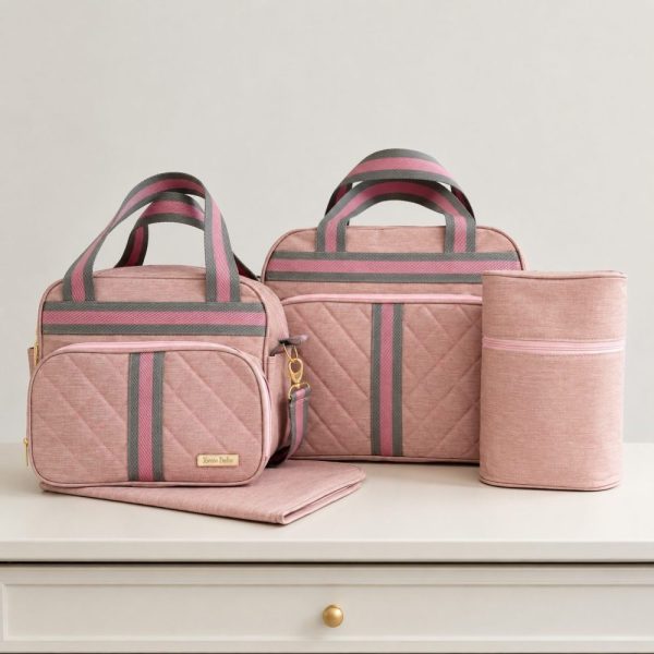 Kit Bolsa Maternidade Bebê 4 Peças - Rosa em Linho