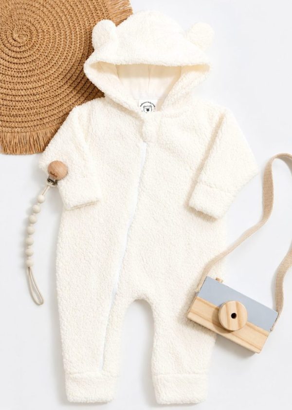 Macacão Bebê Peluciado Teddy Off White com Touca de Orelhinha