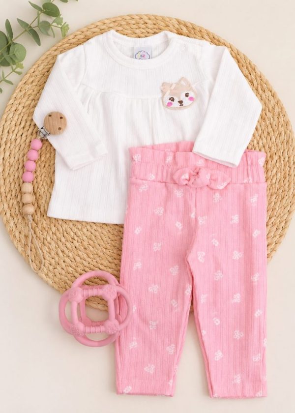 Conjunto Bebê Blusa Com Bordado Raposa e Calça Rosa Floral