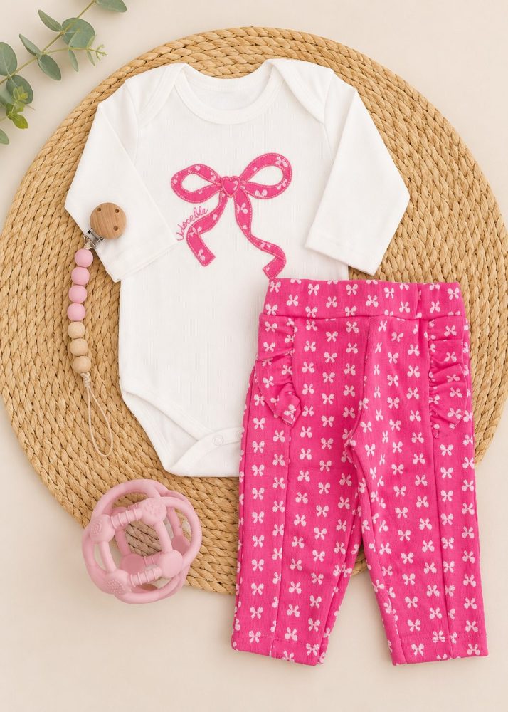 conjunto bebê menina calça com casaco laço rosa pink quentinho inverno iaze bebê