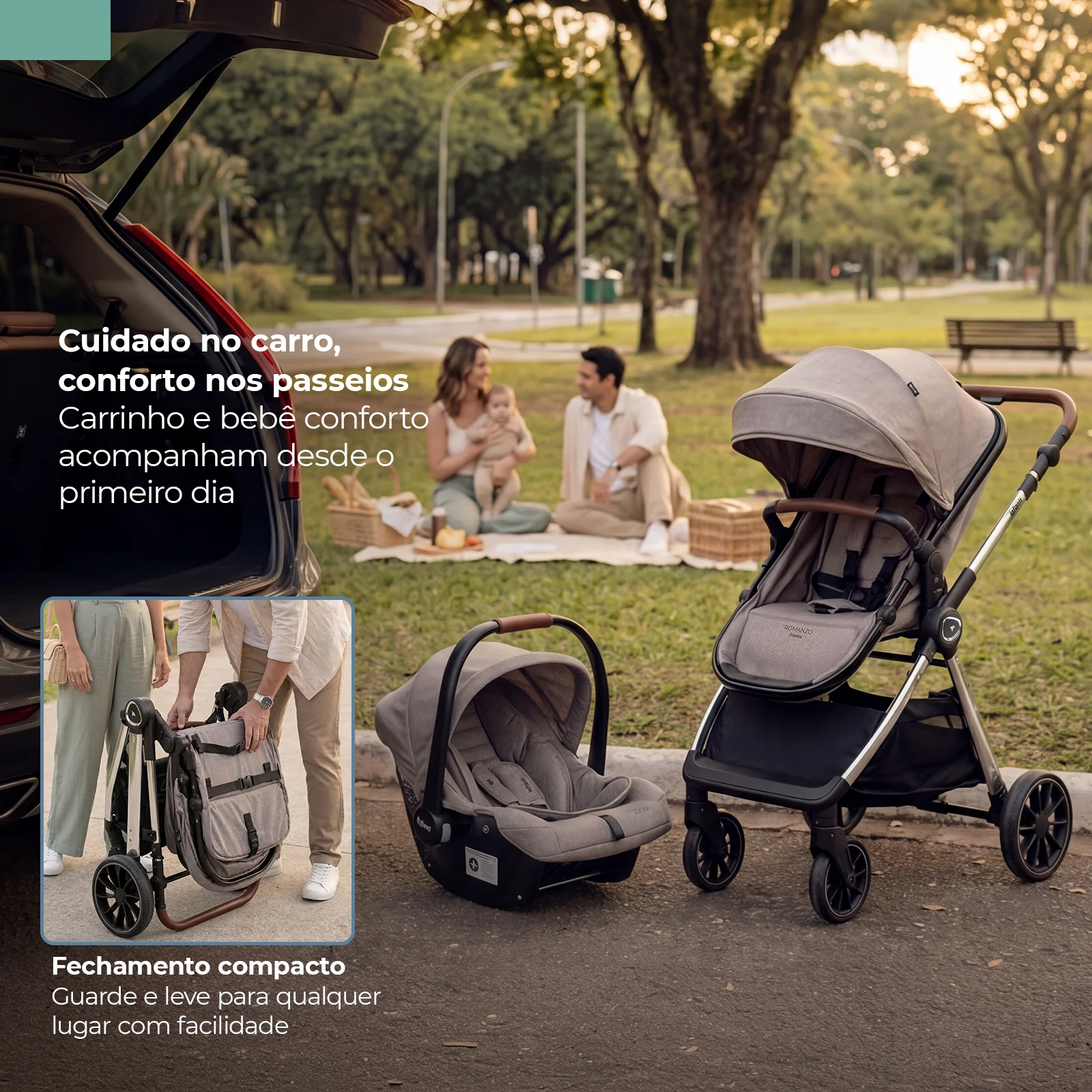 Carrinho Infanti Romanzo Essenza Trio Isofix - Bege Chrome