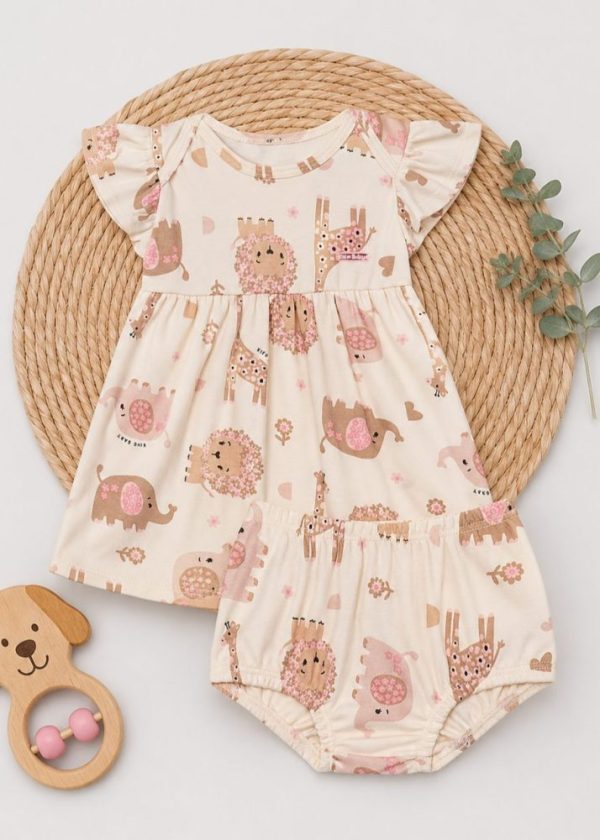 Conjunto Bebê Kiko Vestido com Tapa Fralda Estampa Safari Floral