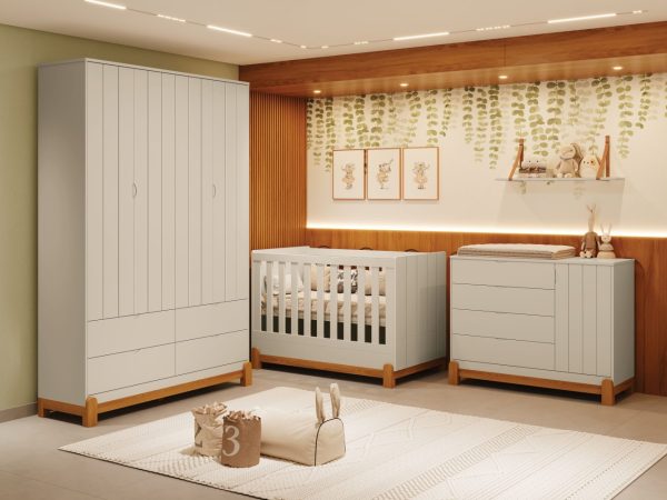 Quarto de Bebê Lotus Reller | Guarda-Roupa 4 Portas, Cômoda Sapateira e Berço - Areia Fosco