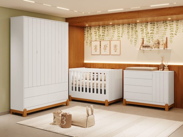 Quarto de Bebê Lotus Reller | Guarda-Roupa 4 Portas, Cômoda Sapateira e Berço - Branco Fosco