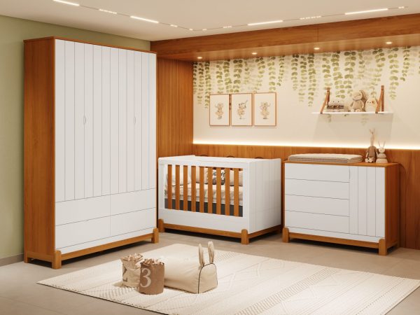Quarto de Bebê Lotus Reller | Guarda-Roupa 4 Portas, Cômoda Sapateira e Berço- Branco com Savana