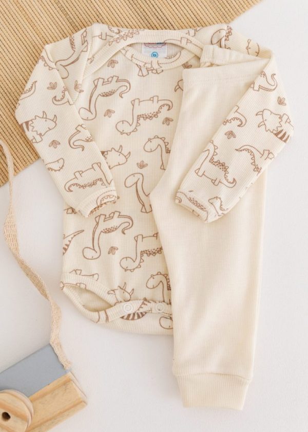 Conjunto Body Bebê Pagão Canelado Longo - Dinorrauros