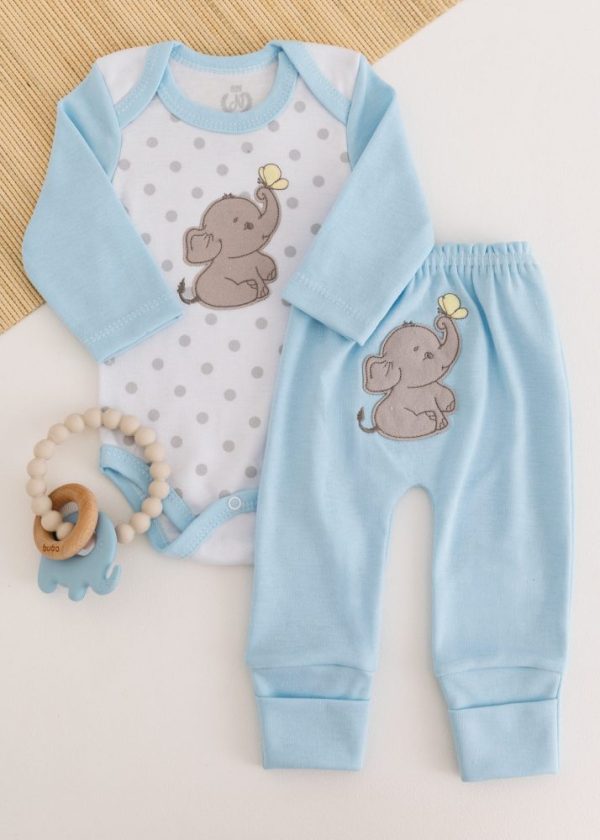 Conjunto Suedine Bebê Body e Calça Azul Elefante