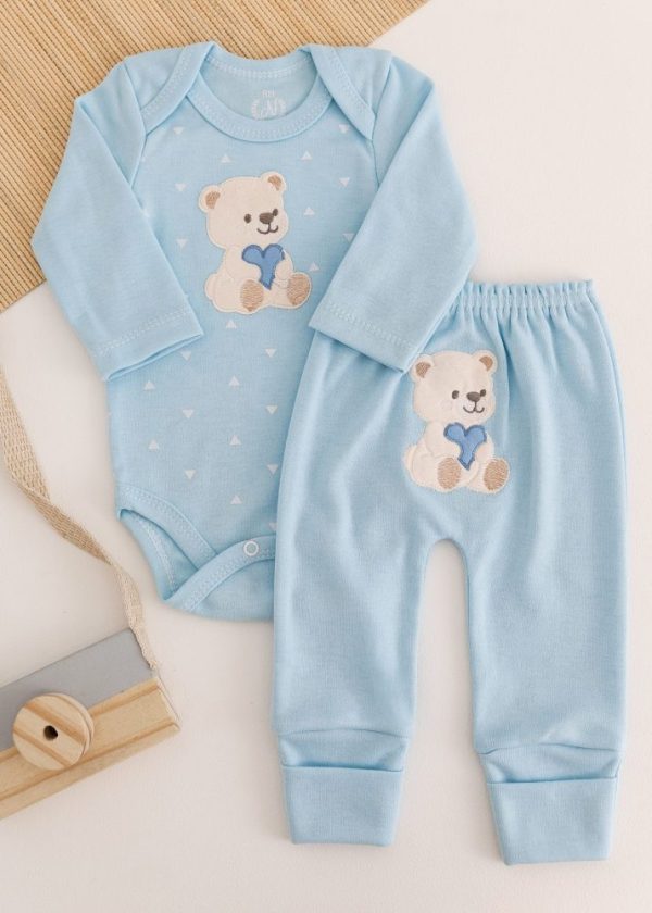 Conjunto Suedine Bebê Body e Calça Azul Urso
