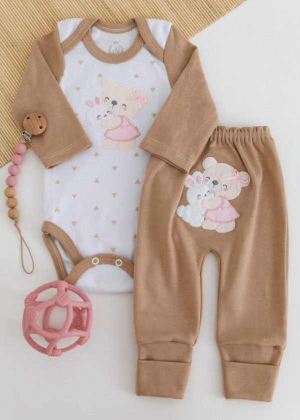 Conjunto Suedine Bebê Body e Calça Bege Abraço de Ursa