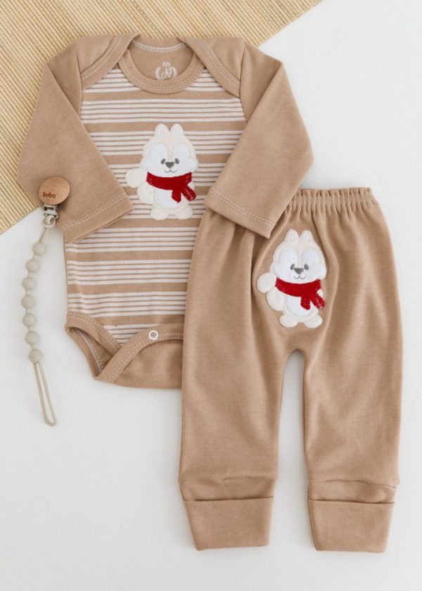 Conjunto Suedine Bebê Body e Calça Bege Esquilo