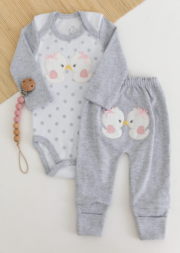 Conjunto Suedine Bebê Body e Calça Mescla Passarinho