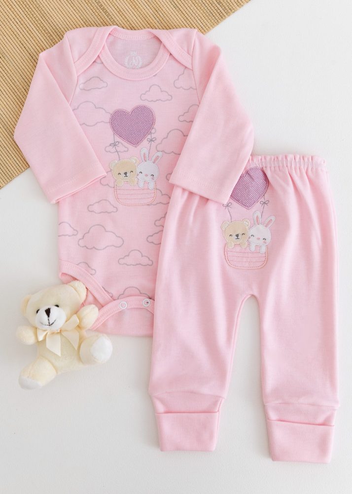 Conjunto Suedine Bebê Body e Calça Rosa Amiguinhas nas Nuvens