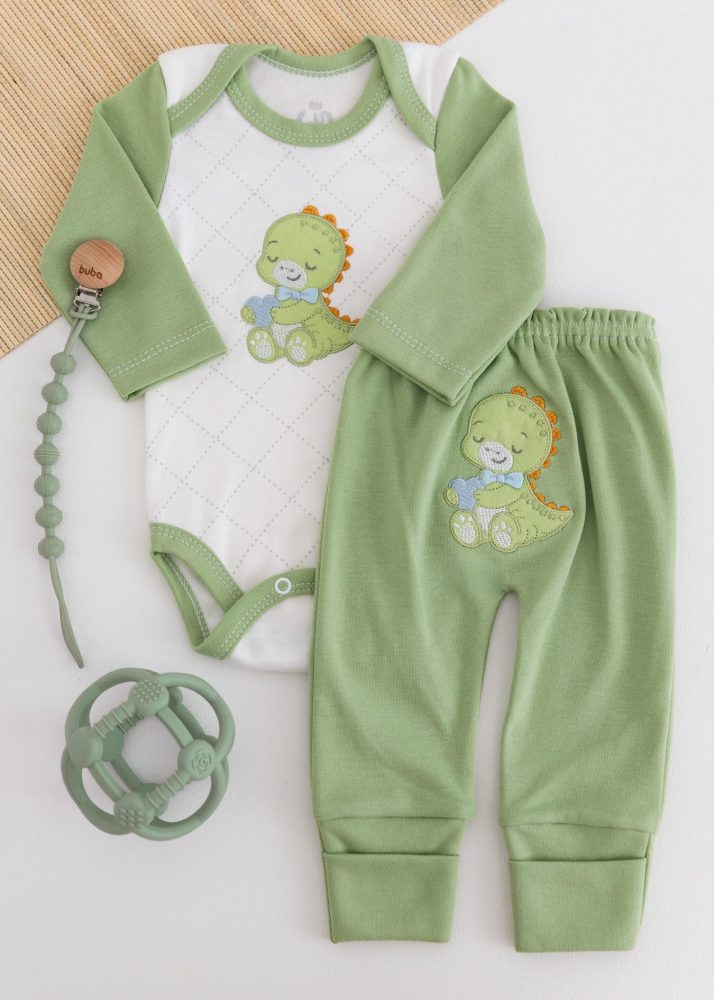 Conjunto Suedine Bebê Body e Calça Verde Dino