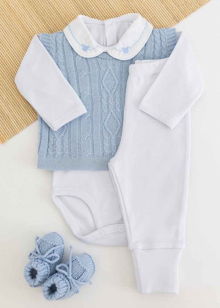 Conjunto Suedine Bebê Com Body, Calça e Colete em Tricot Azul Salinas