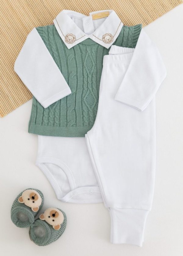 Conjunto Suedine Bebê Com Body, Calça e Colete em Tricot Verde Maré