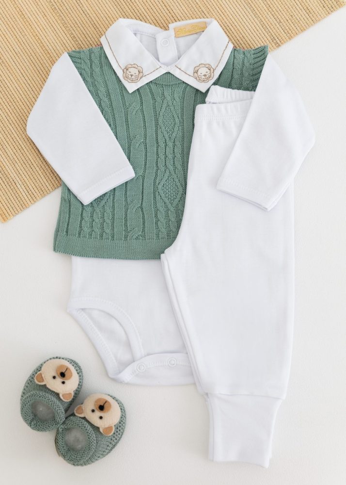Conjunto Suedine Bebê Com Body, Calça e Colete em Tricot Verde Maré