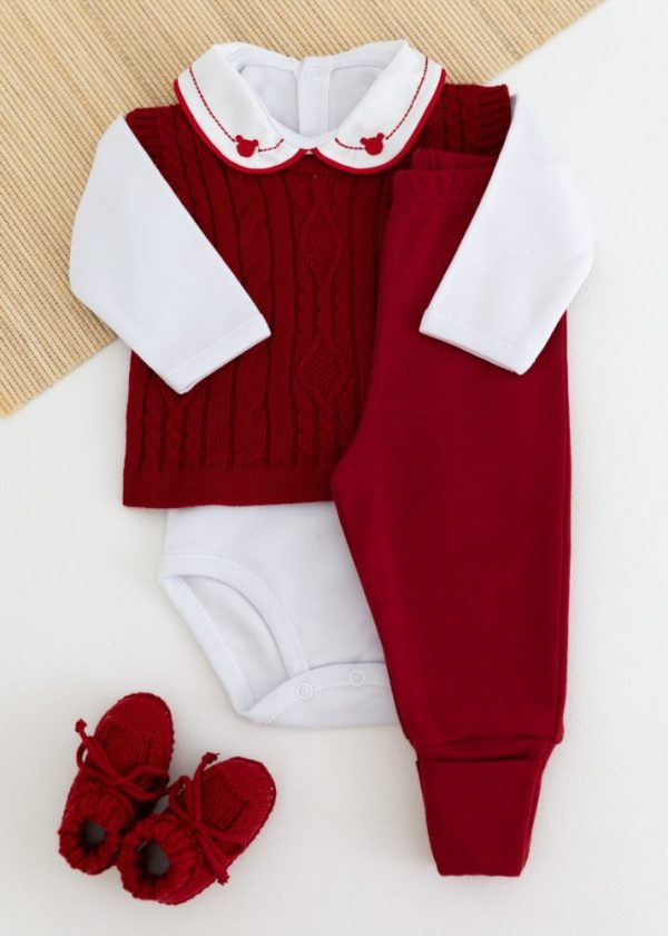 Conjunto Suedine Bebê Com Body, Calça e Colete em Tricot Vermelho