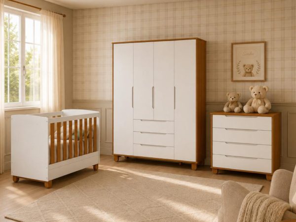 Quarto de Bebê Elfe Apolo Reller | Guarda-Roupa 4 Portas, Cômoda e Berço Apolo -  Branco Fosco Com Savana