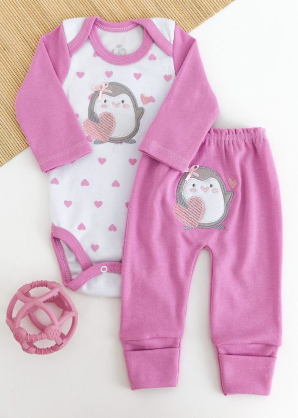 Conjunto Suedine Bebê Body e Calça Rosa Pinguim