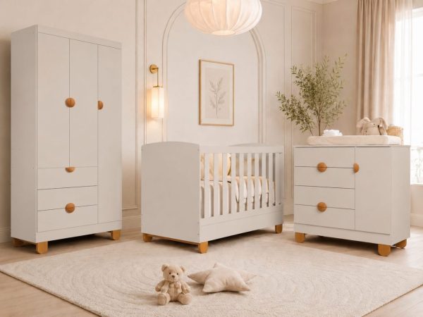 Quarto de Bebê Apolo Basic | Guarda-Roupa 3 Portas, Cômoda e Berço Reller - Areia Fosco
