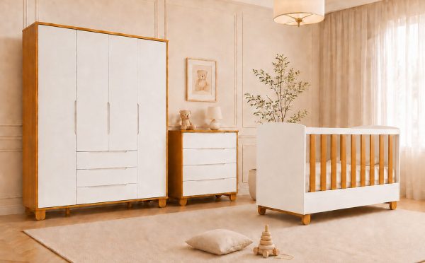 Quarto de Bebê Elfe Apolo Reller | Guarda-Roupa 4 Portas, Cômoda e Berço Apolo -  Branco Fosco Com Savana
