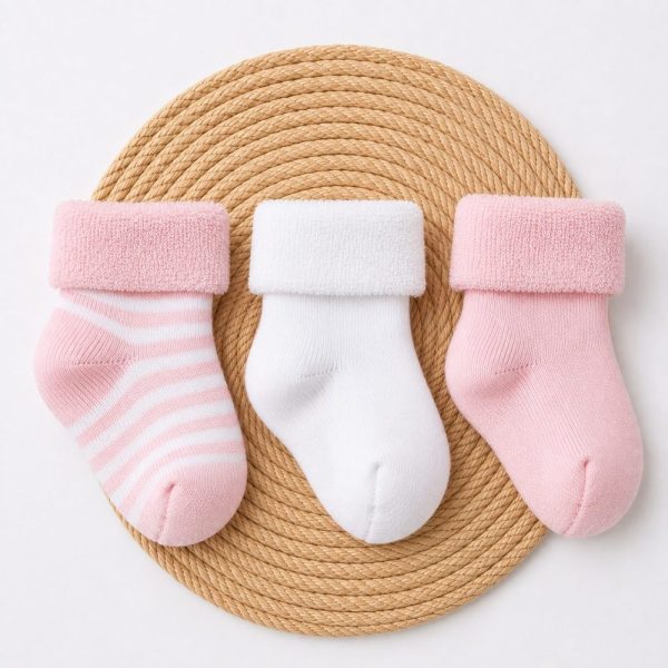 Kit 3 Pares Meia Bebê Atoalhada Listrada Rosa