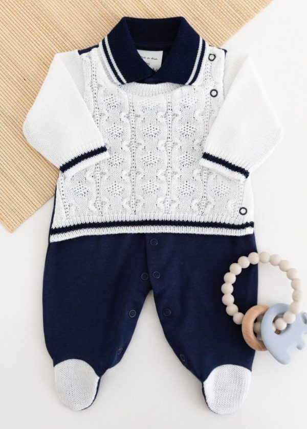 Macacão Bebê em Tricot e Suedine Marinho