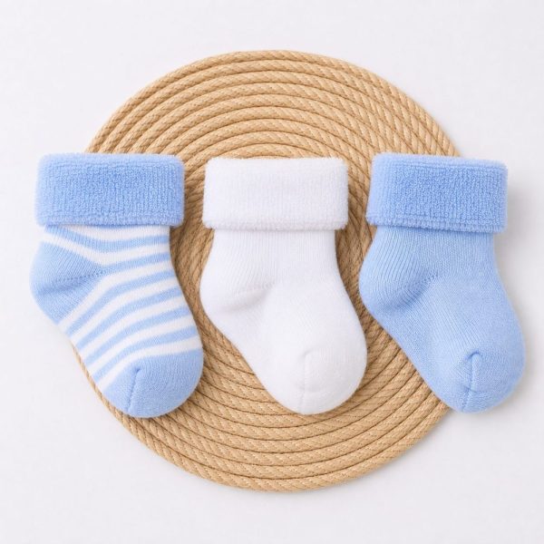 Kit 3 Pares Meia Bebê Atoalhada Listrada Azul