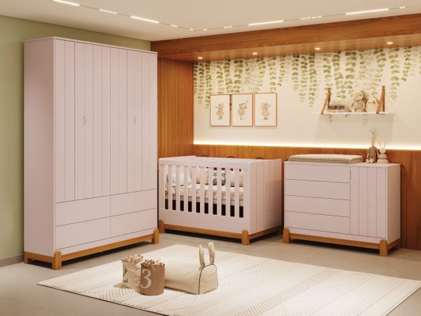 Quarto de Bebê Lotus Reller | Guarda-Roupa 4 Portas, Cômoda Sapateira e Berço - Rosa Fosco