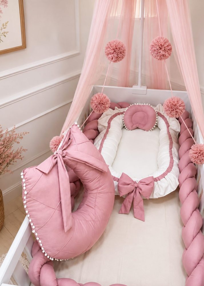 kit enxoval para berço americano com trança, almofada de amamentação e ninho redutor para berço bebê - rose