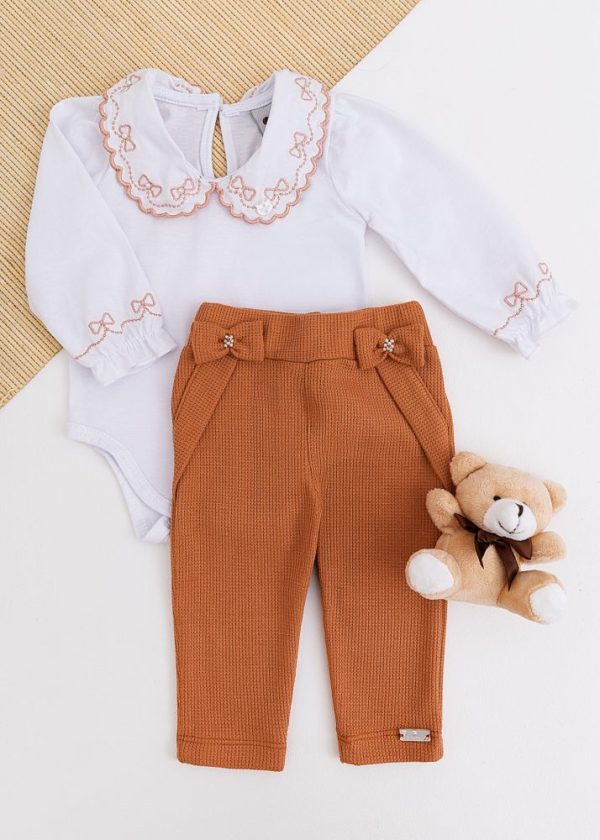 Conjunto Bebê Aconchego com Body Lacinho e Calça Rosê Caramelo