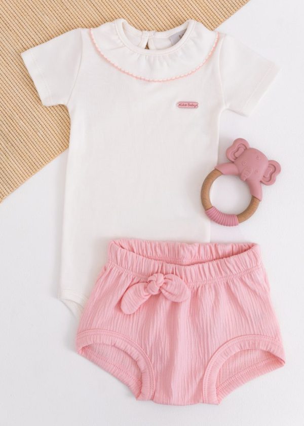 Conjunto Bebê Kiko com Body de Gola Babado e Short Rosa