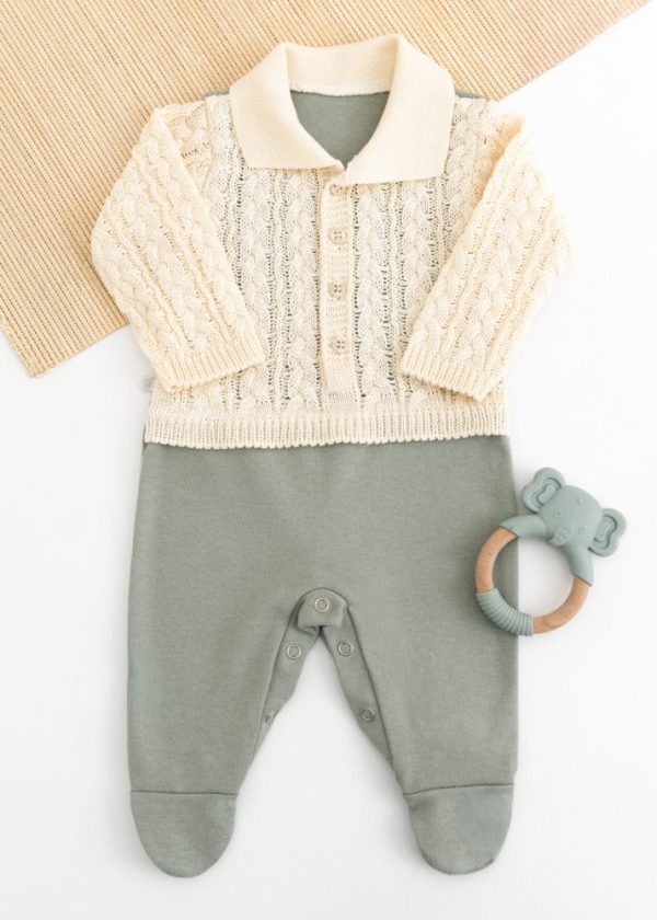 Macacão Bebê em Tricot e Suedine Bege Com Verde