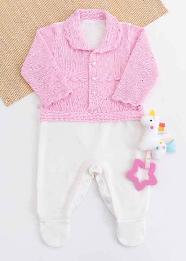 Macacão Bebê em Tricô e Suedine Rosa com Off White