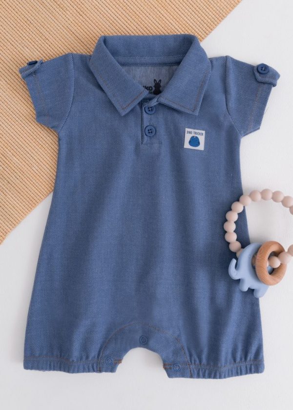 Macacão Curto Azul Bebê Kiko com Gola Polo