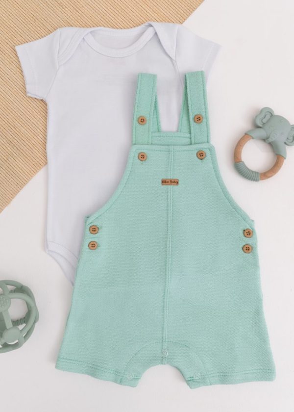 Conjunto Jardineira Verde Bebê Kiko com Body Branco